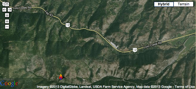 Official image from the federal government's InciWeb site showing the landscape burning as part of the West Fork 2 fire on the Lolo National Forest. The flame on the bottom portion of the image shows the general location of the start of the fire. 