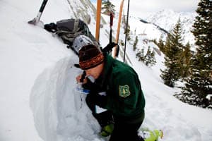 Bruce Tremper conducts a field observation of a ski slope prior to composing his avalanche forecast. (Photo: Bruce Tremper/U.S. Forest Service Utah Avalanche Center)