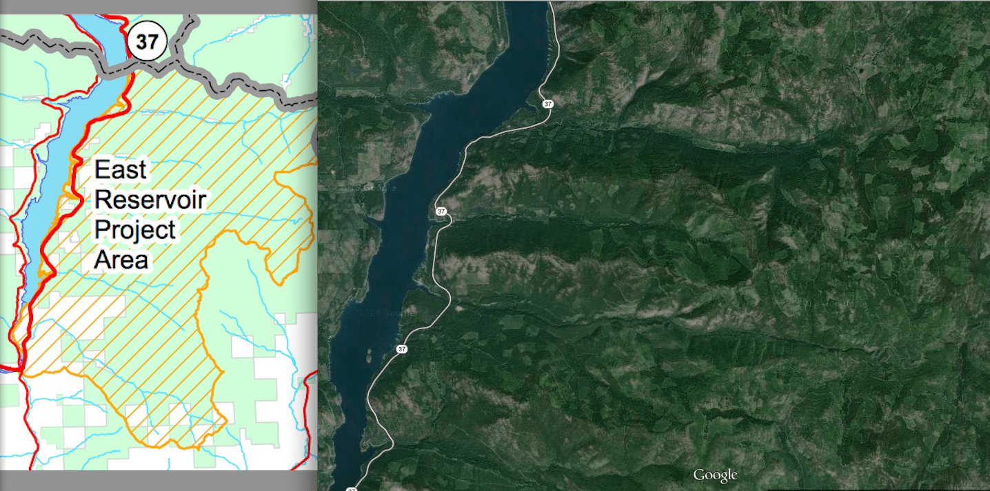 At left is the project map from the Forest Service for the East Reservoir timber sale on the Kootenai National Forest. At right is a satellite image of the project area, showing the extent of past clearcuts and logging. The Forest Service is proposing to log 8,800 acres with this project, including about 3,600 acres of clearcuts. Nearly 8,000 logging trucks would be required to haul out the trees. According to a Notice of Intent filed by the Alliance for the Wild Rockies, the project area is home to bull trout, white sturgeon, Canada lynx and grizzly bears, among other wildlife species. 